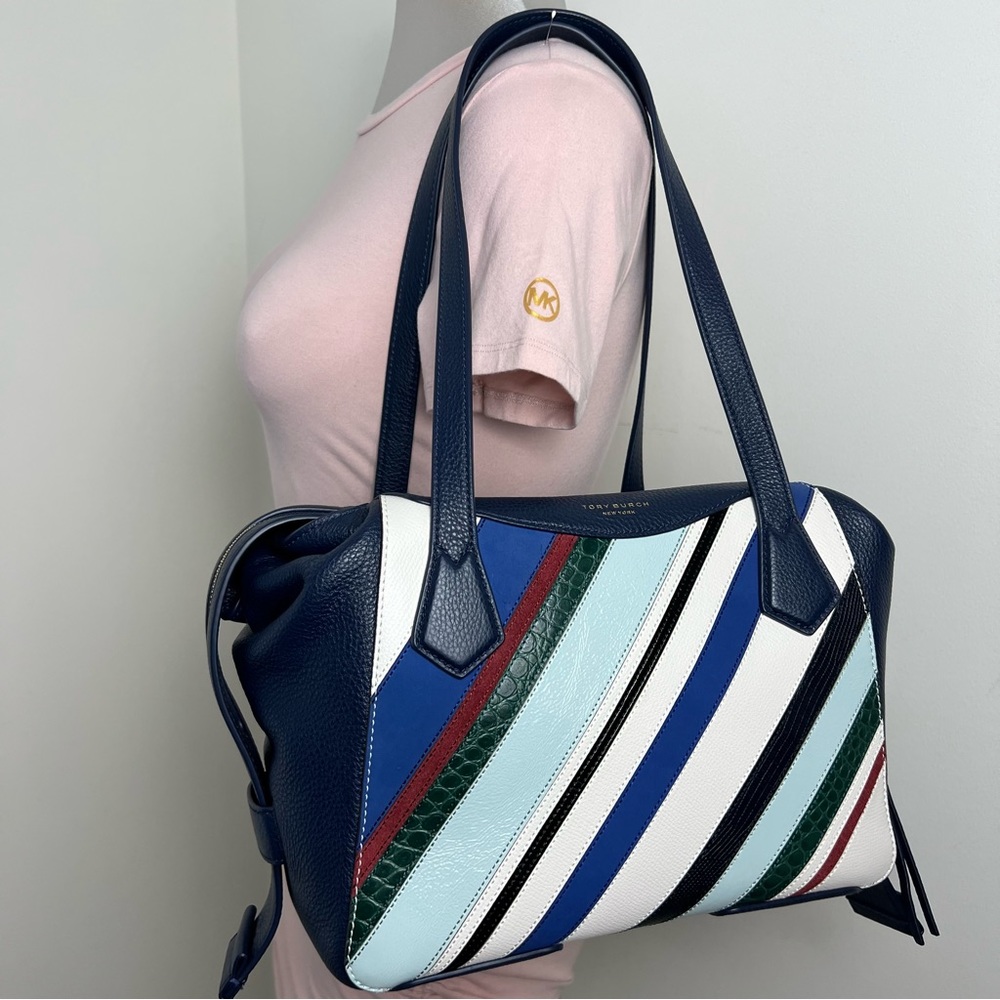 Tory Burch Blue Perry Balloon Stripe Satchel Leather Bag NEW Multicolor